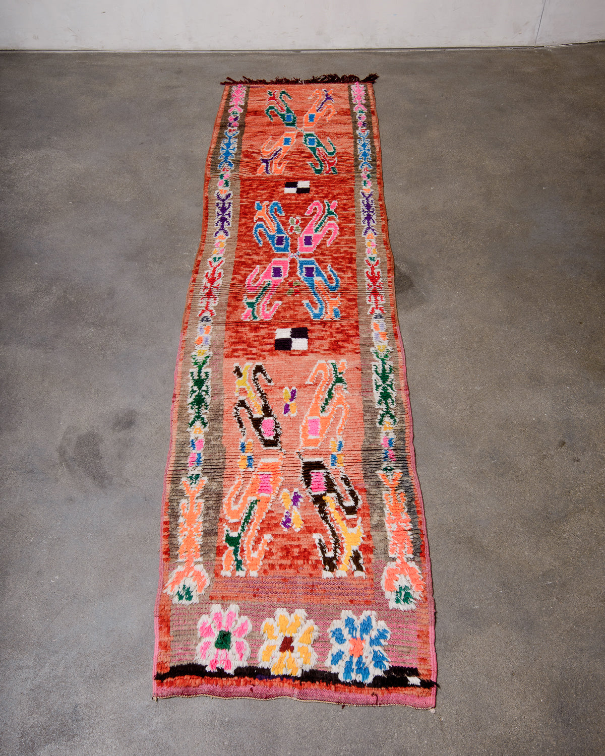Modern, designer, handcrafted Berber runner rug from Morocco. Vintage carpet with beautiful colours and patterns and fluffy texture.